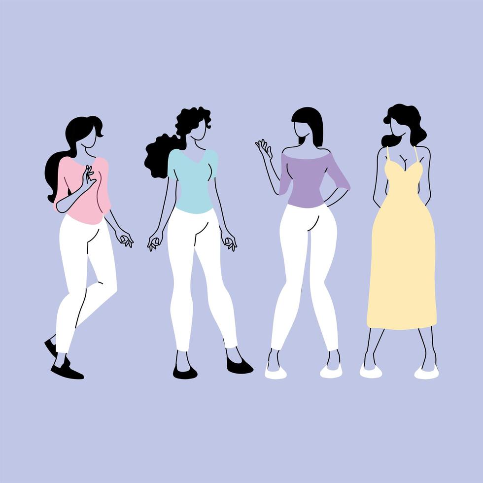 mujeres de pie en diferentes poses, diversidad de personas. vector