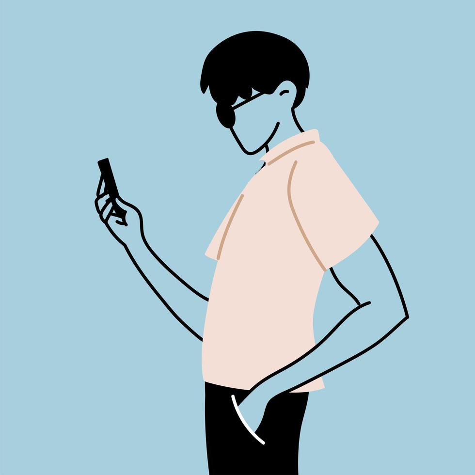 a young man takes a selfie and holds his smartphone in his hand vector