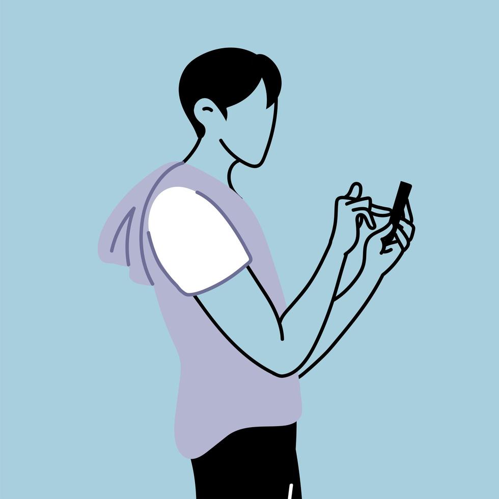 young man standing holding a smartphone in his hand vector