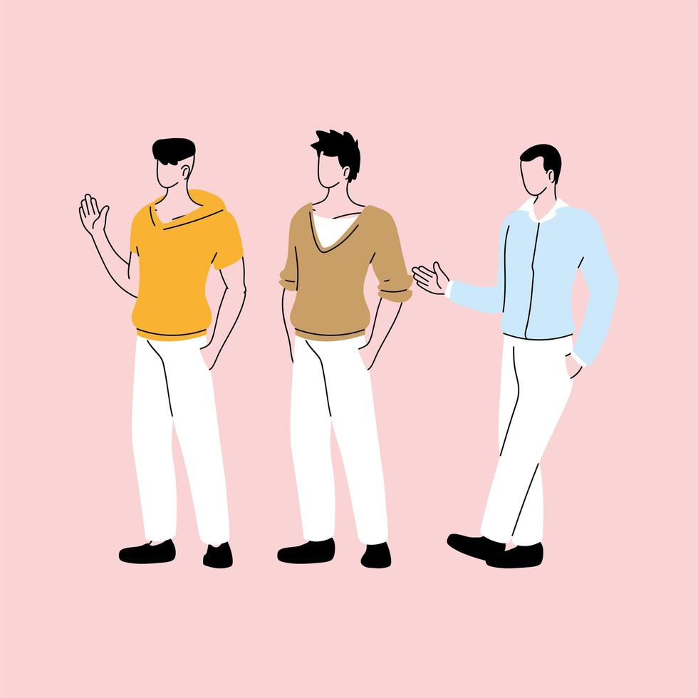 hombres de pie en diferentes poses, diversidad de personas. vector