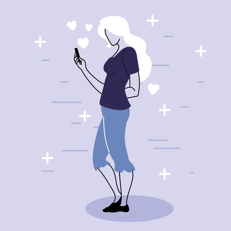 mujer con smartphone charlando, chat de amor en línea vector