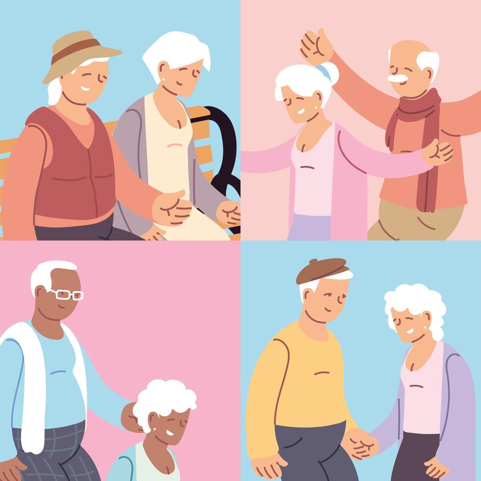 set of cards with elderly couples, happy grandparents day vector