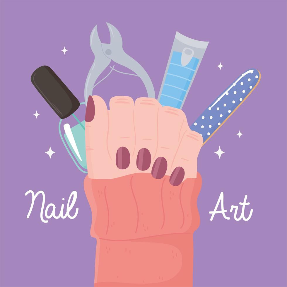 manicure, female hand showing painted nails with file cutter and nail polish vector