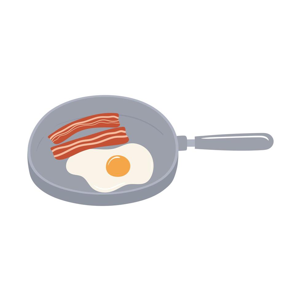 breakfast fried egg and bacon in saucepan, appetizing delicious food, icon flat on white background vector