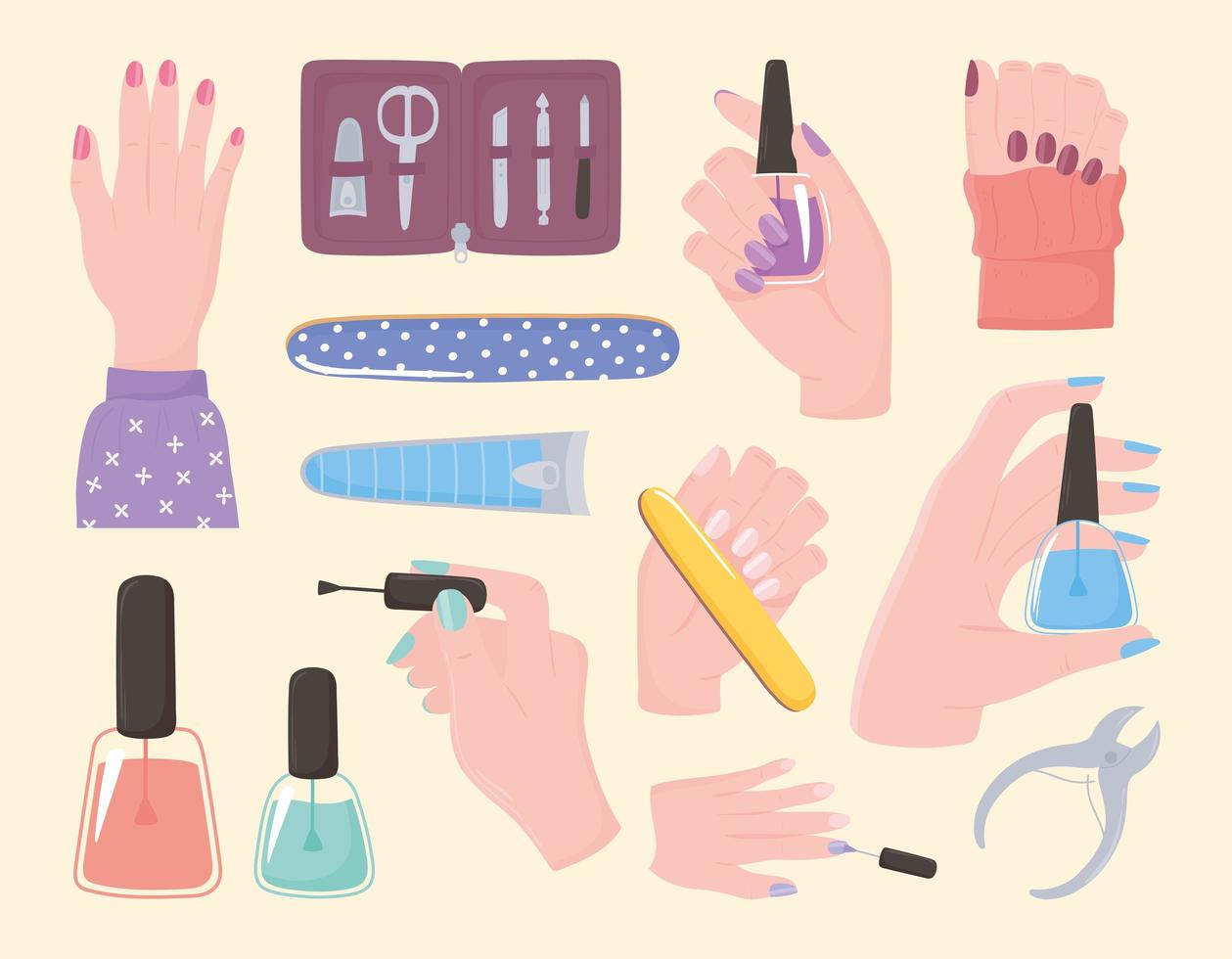 manicura, establecer iconos manos esmalte de uñas cortador de archivo kit herramientas y accesorios vector