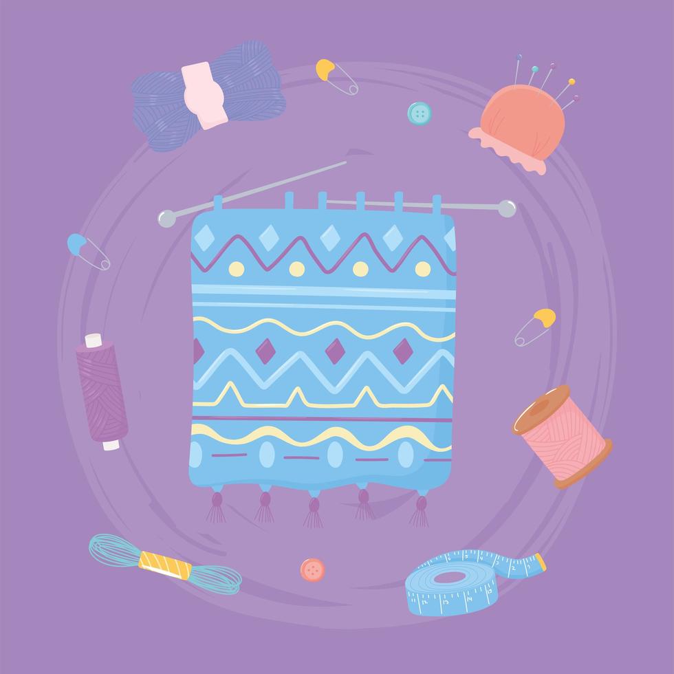 knitting with needles of yarn, measuring tape scissors and yarn skeins vector