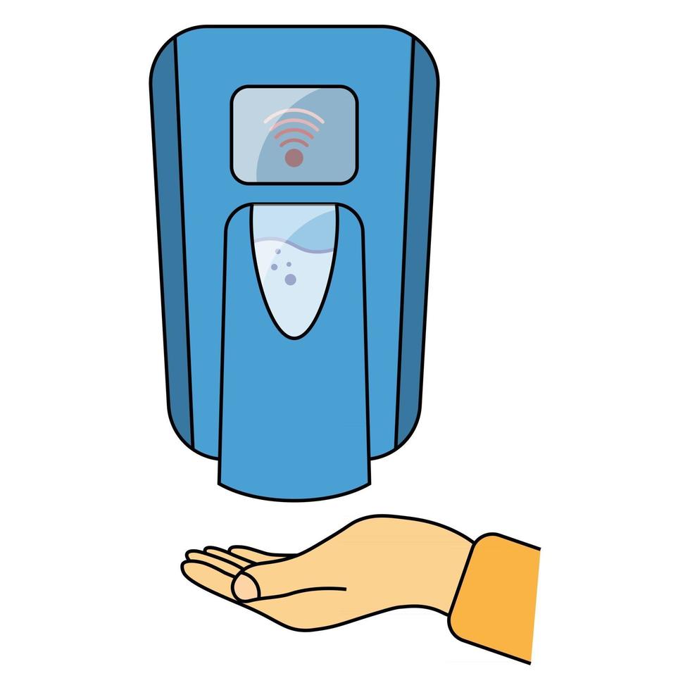 Hand free sanitizer. Wall mounted soap automatic dispenser. Automated contactless restroom equipment with sensors. Touch less hand sanitizer in blue color. Soap dispenser. Vector