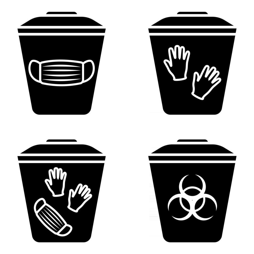 Biohazard waste disposal. Bin, with the symbol of infectious waste. Disposal of medical supplies. Garbage sorting vector icon set. Trash can with Biohazard medical gloves and mask symbol