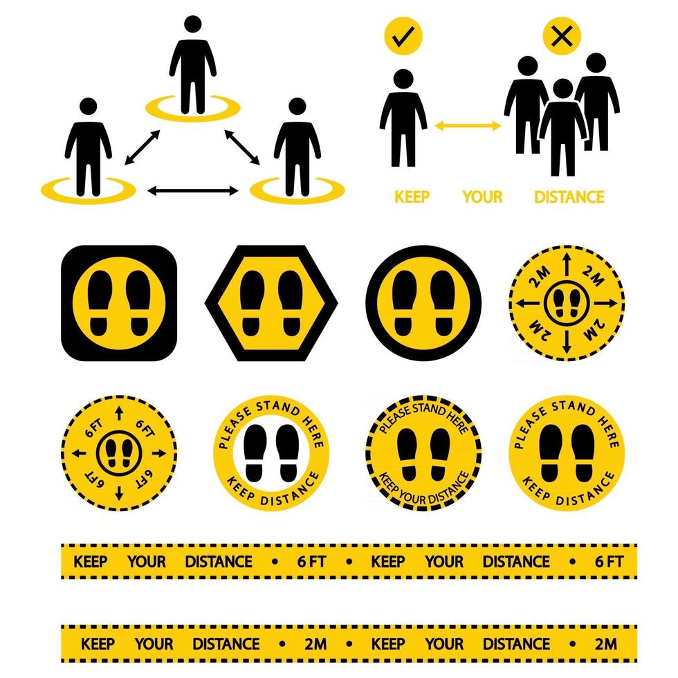 párate aquí firmar. icono de distanciamiento social. mantenga la distancia de 2 metros o 6 pies. Evite las multitudes. distancia segura. aparte de advertencia de cinta amarilla. pegatina de suelo con huella, párate aquí. vector