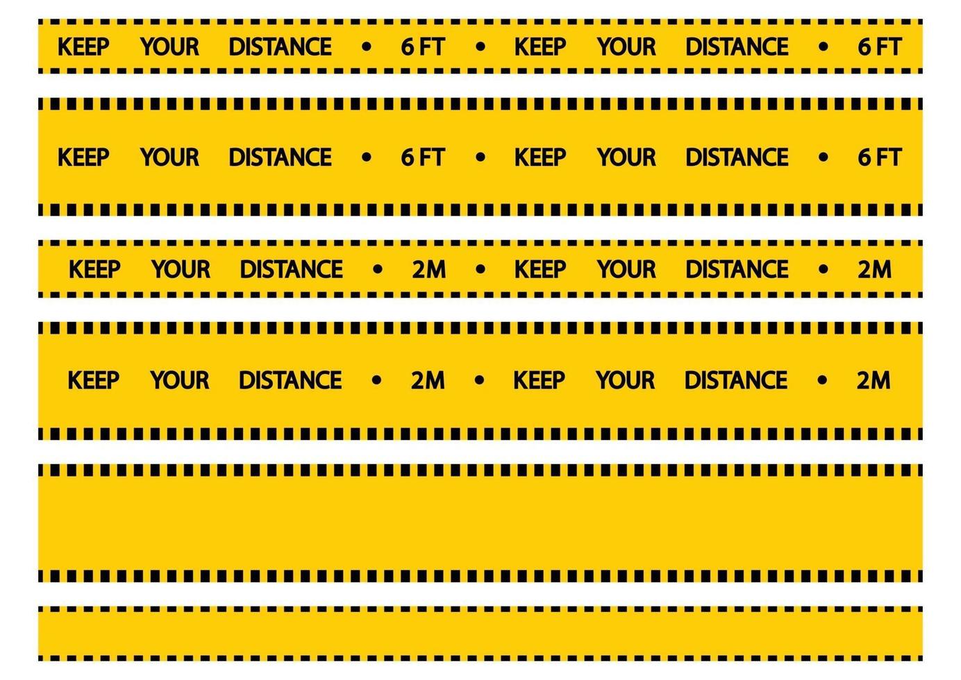 Social distancing warning tape. Keep your distance. Apart yellow tape warning. Keep a safe distance social distancing in queue 2 meters or 6 feet. Avoid crowds. Vector