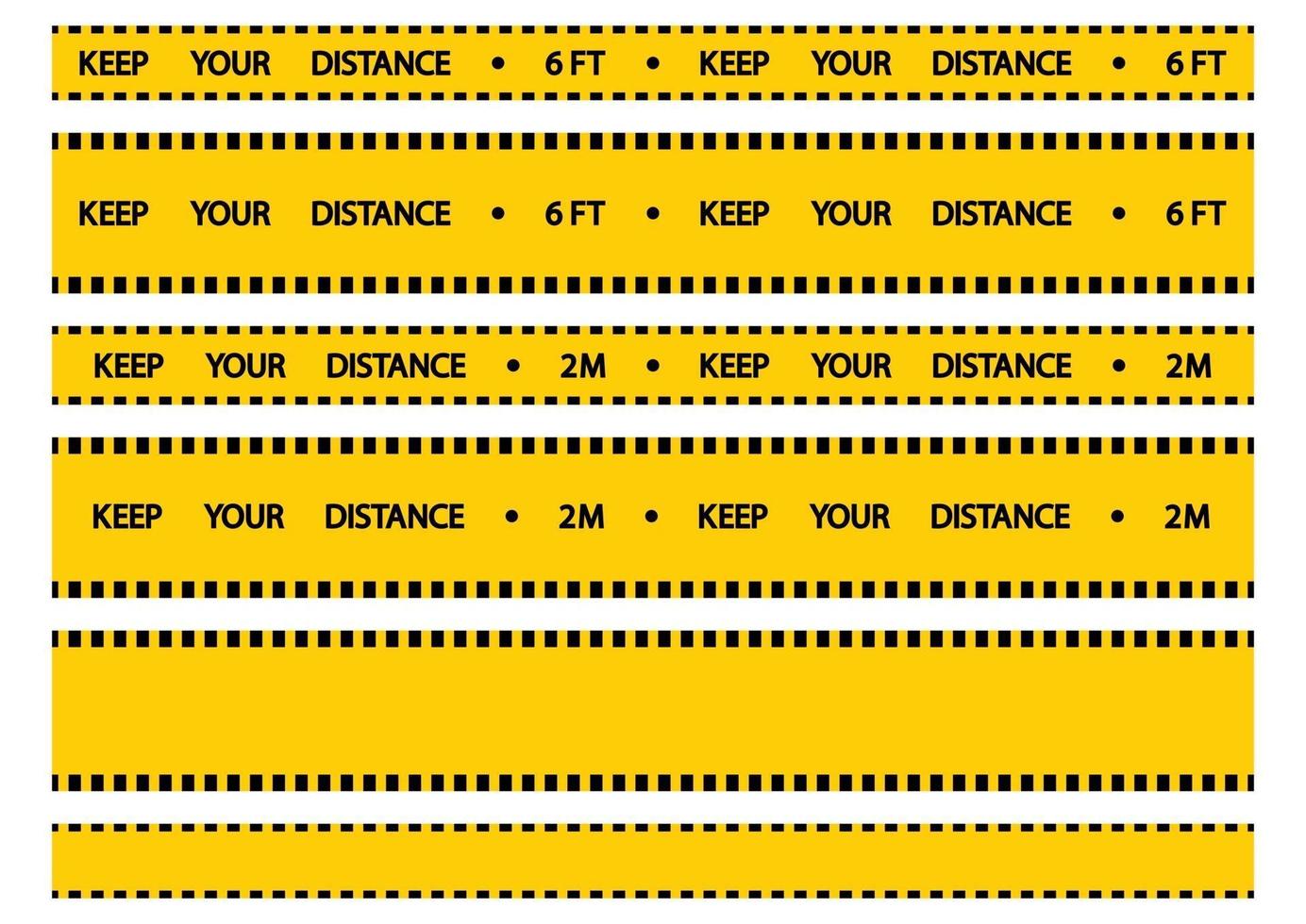 Social distancing warning tape. Keep your distance. Apart yellow tape warning. Keep a safe distance social distancing in queue 2 meters or 6 feet. Avoid crowds. Vector