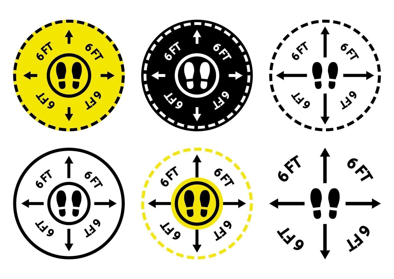 Keep your distance. For prevention of spreading the infection. Keep the 6 feet distance apart, direction arrows and with lettering 6 feet inside. Footprint floor sticker, stand here vector