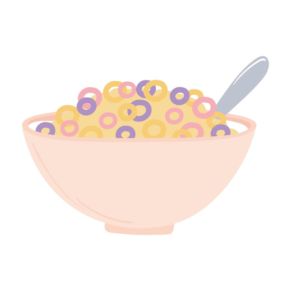 Cereales para el desayuno en un tazón con cuchara, apetitosa comida deliciosa, icono plano sobre fondo blanco. vector