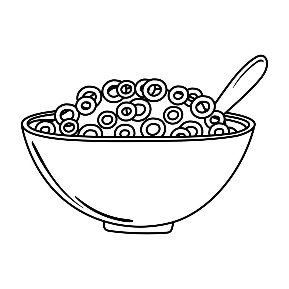 breakfast cereal in bowl with spoon, appetizing delicious food, icon line style vector