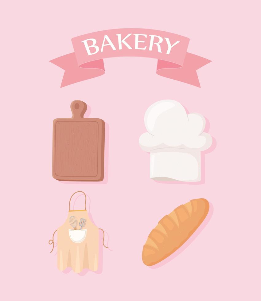Conjunto de iconos de panadería, tabla de cortar, sombrero, pan y delantal vector