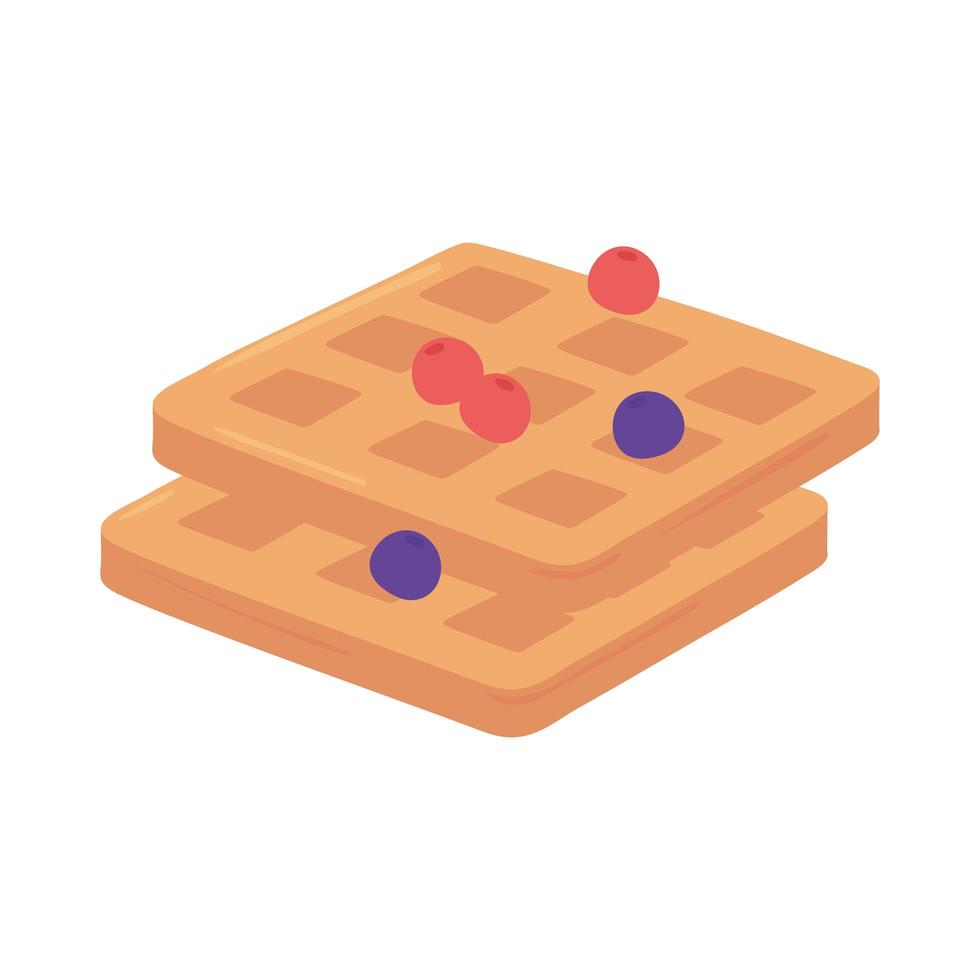 Desayuno waffle con frutas apetitosa comida deliciosa, icono plano sobre fondo blanco. vector