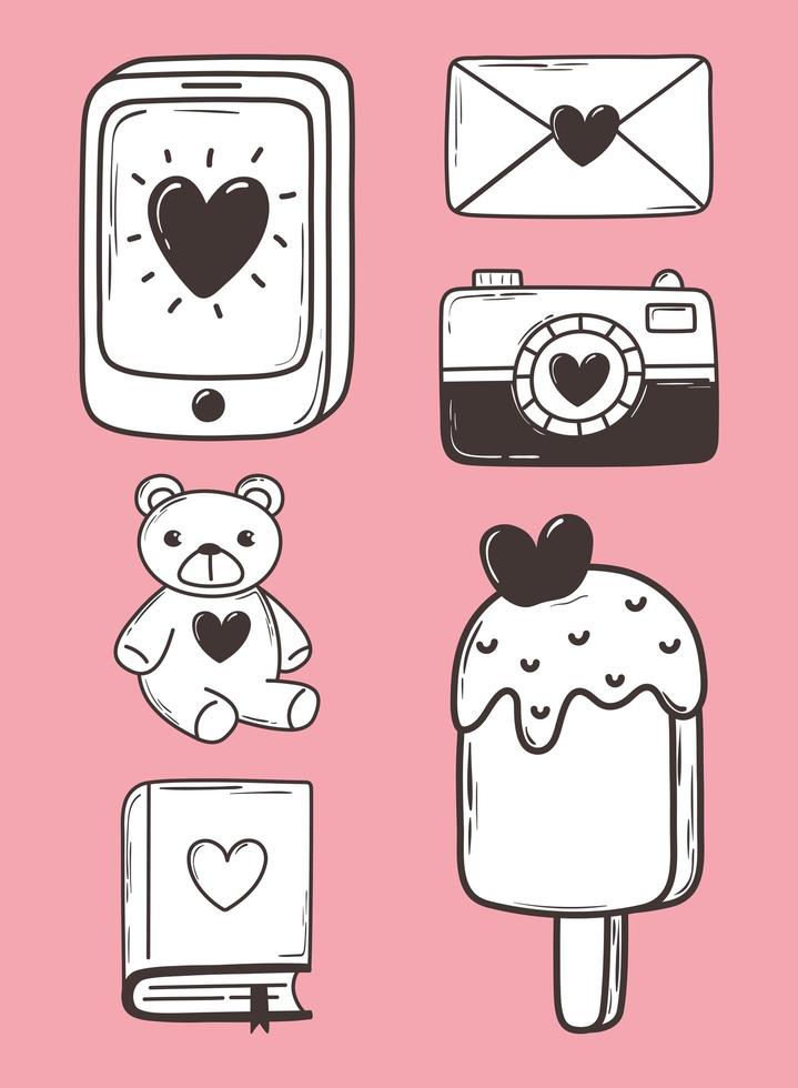 love doodle icon set phone camera mail ice cream bear book pink background vector