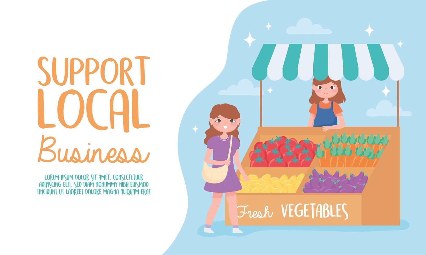 support local business, female farmer with fresh vegetables and customer vector