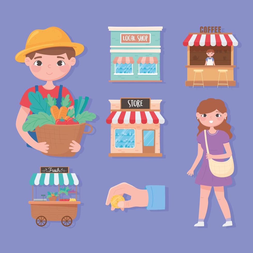 support local business, icons set farmer, woman vegetables local shop coffee store vector