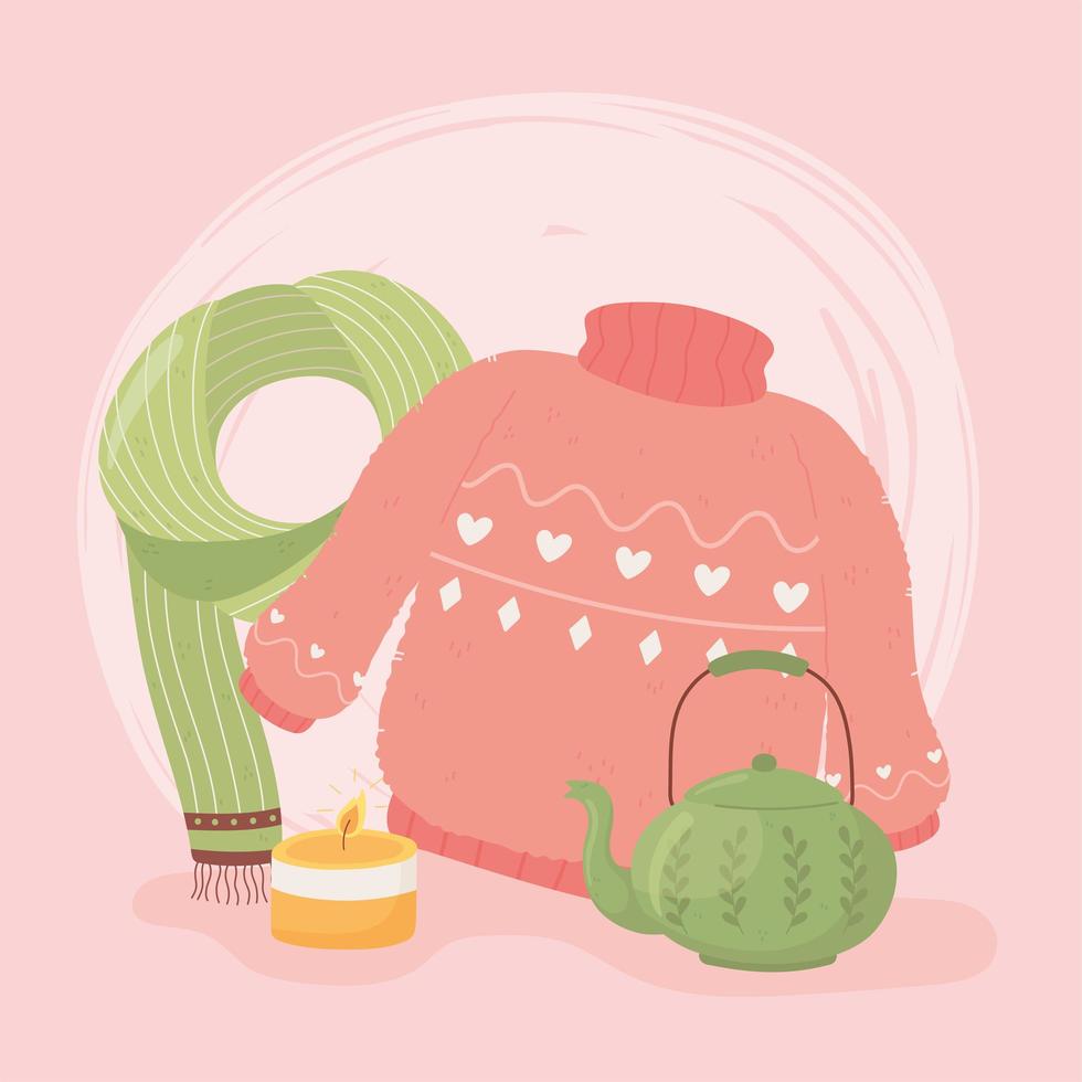 warm sweater scarf teapot and candle, cartoon hygge style vector