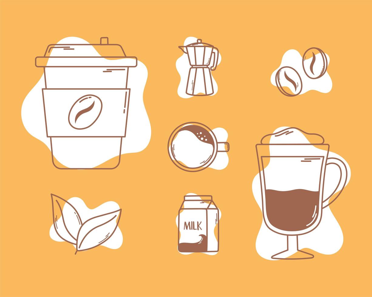 coffee disposable cup frappe moka pot and breans icons line and fill vector