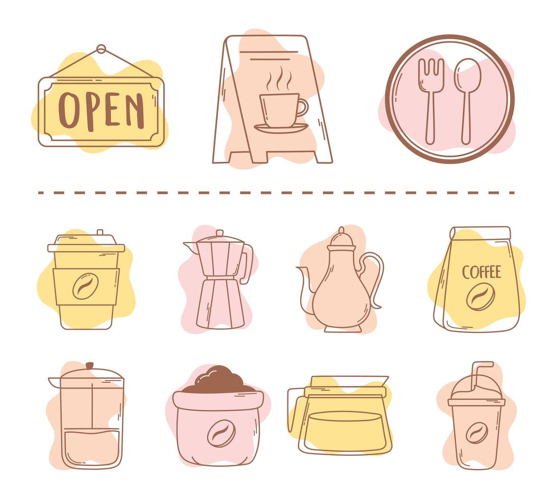 paquete de restaurante de café tazas de olla moka y línea de icono de frappé y relleno vector