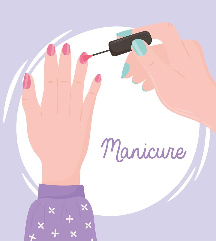 manicure, female hand painting nails or applying nail polish vector