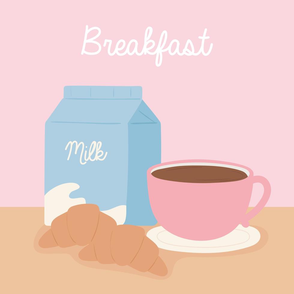 desayuno caja de leche taza de café croissant comida deliciosa dibujos animados vector