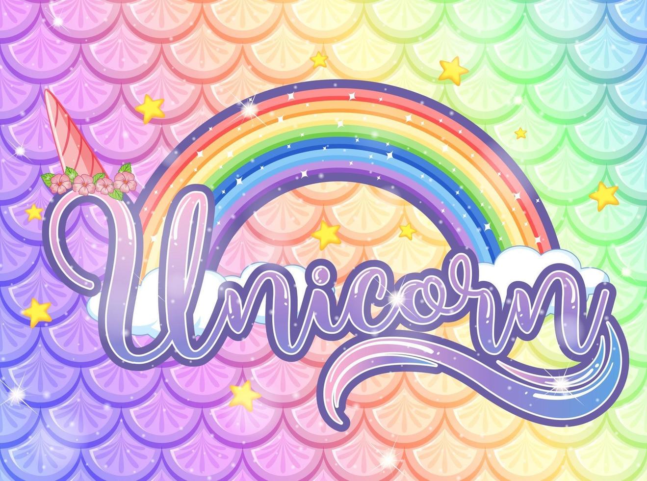 fuente de unicornio sobre fondo de escamas de pescado arco iris pastel vector