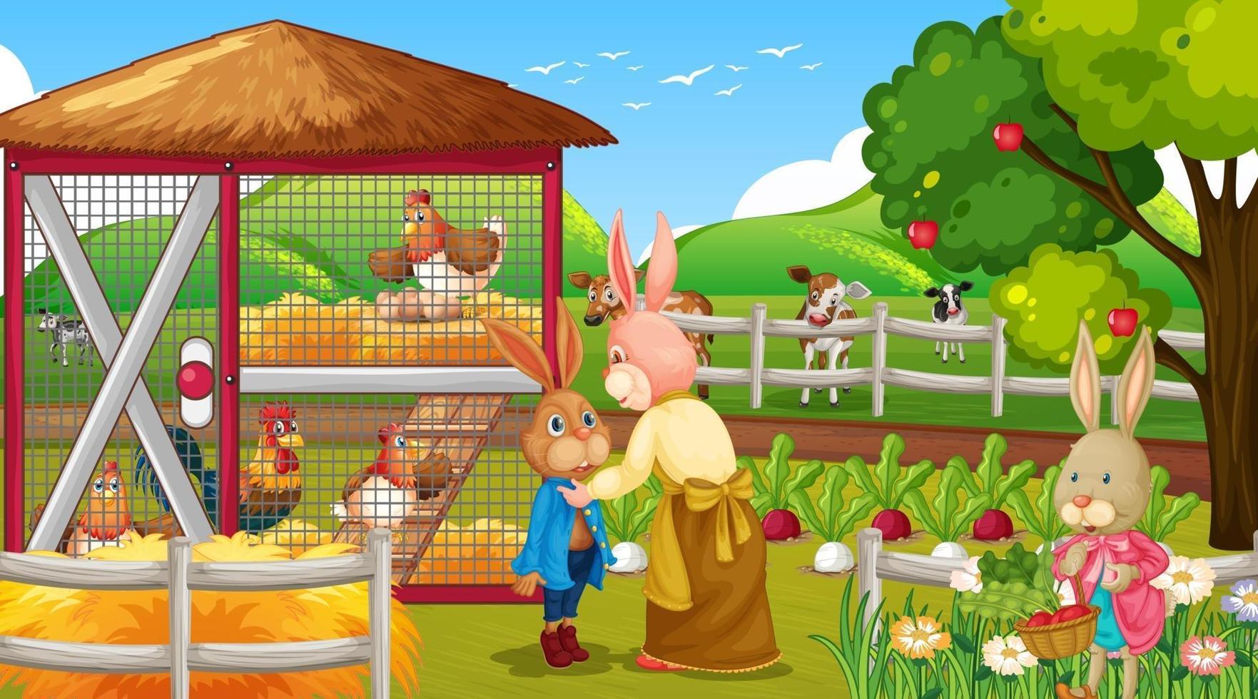 Garden scene with many rabbits cartoon character vector