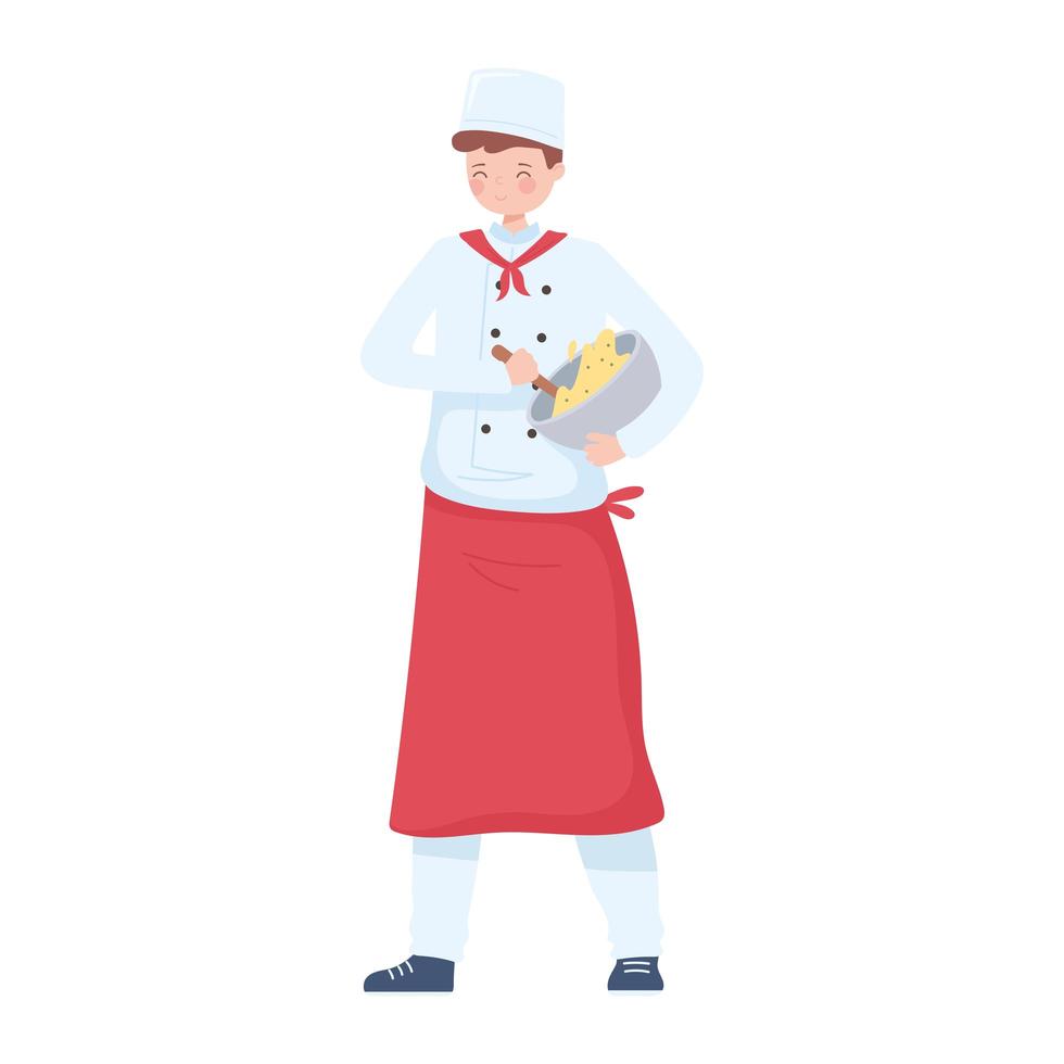 young chef mixing dough in a bowl preparing dinner vector