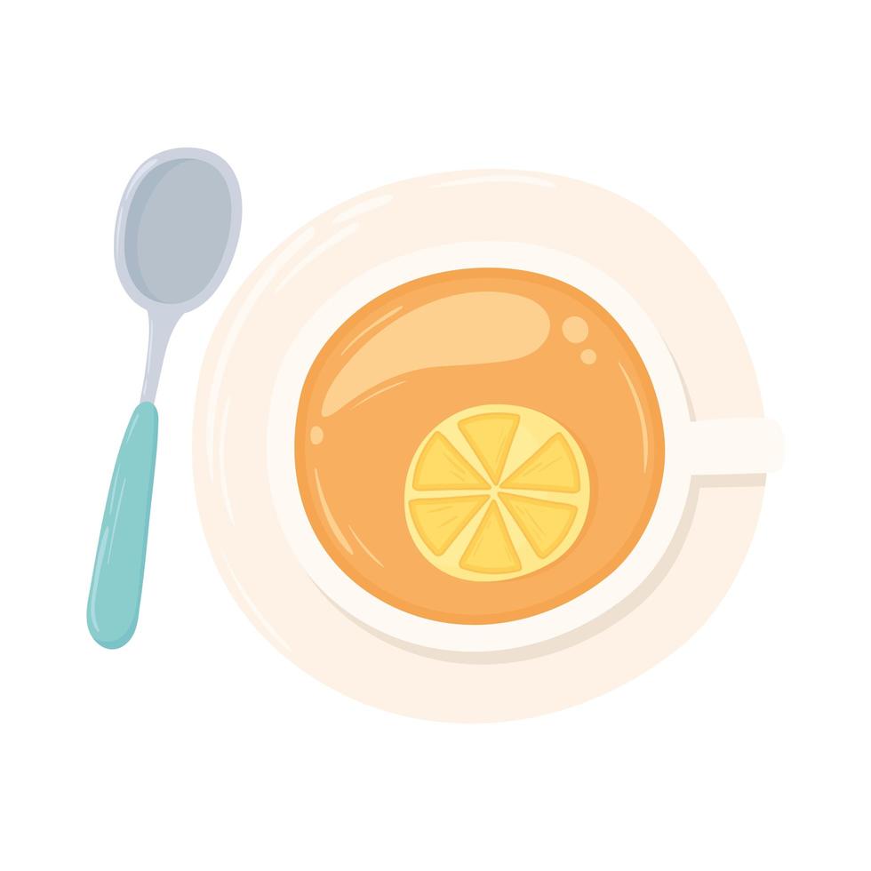 Taza de té en un plato con limón y cuchara diseño vista superior aislada vector