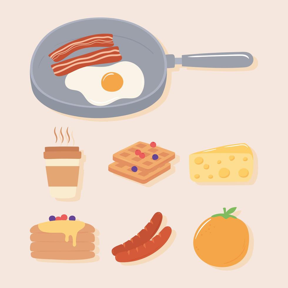 breakfast icons set, fried egg and bacon in saucepan, coffee orange pancakes vector