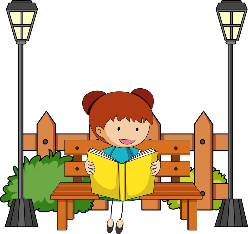 Cute girl reading book doodle cartoon character vector