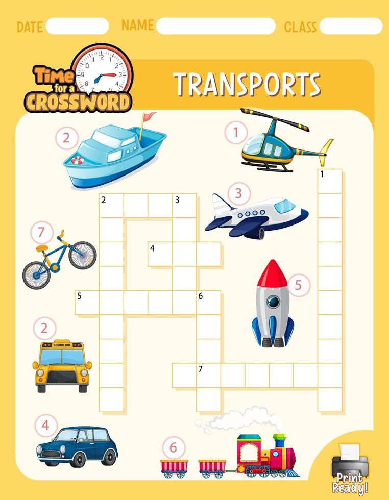 Crossword puzzle game template about transportation vector