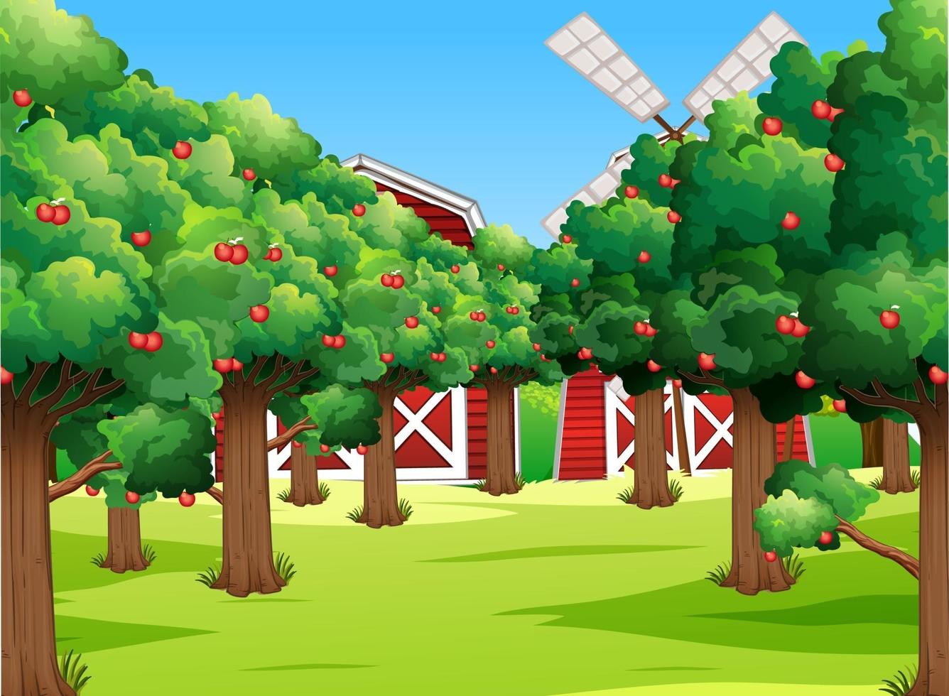 escena de la granja con muchos manzanos. vector