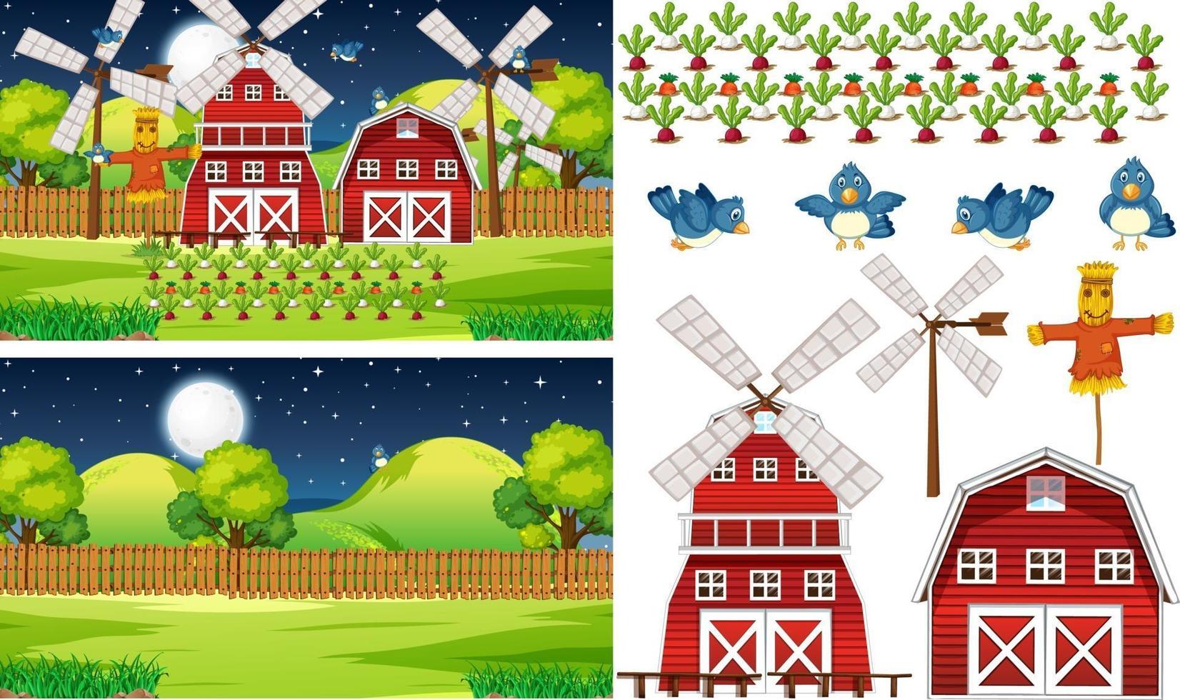 Farm element set isolated with farm scene vector