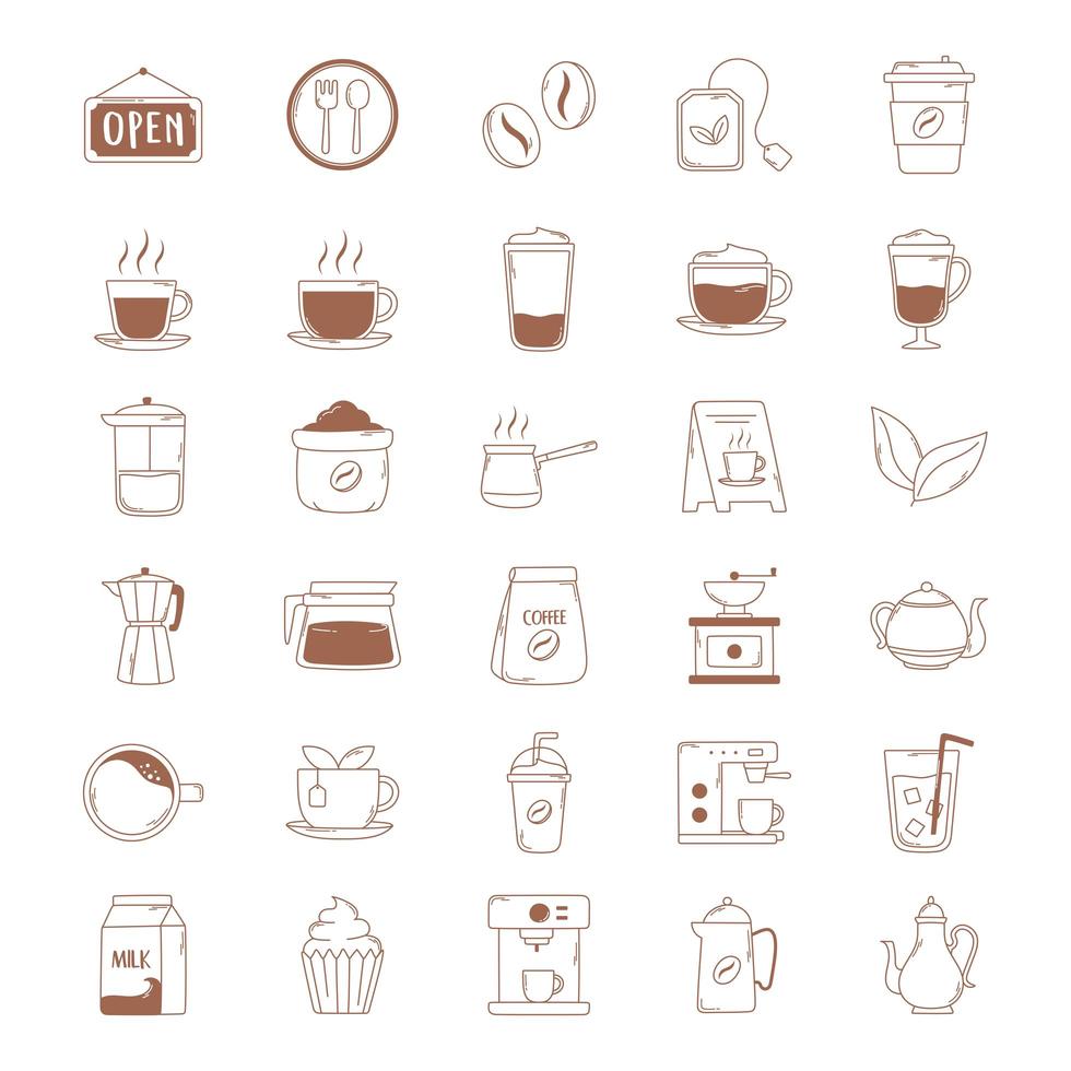 coffee icons cup kettle teapot bean machine in brown line vector