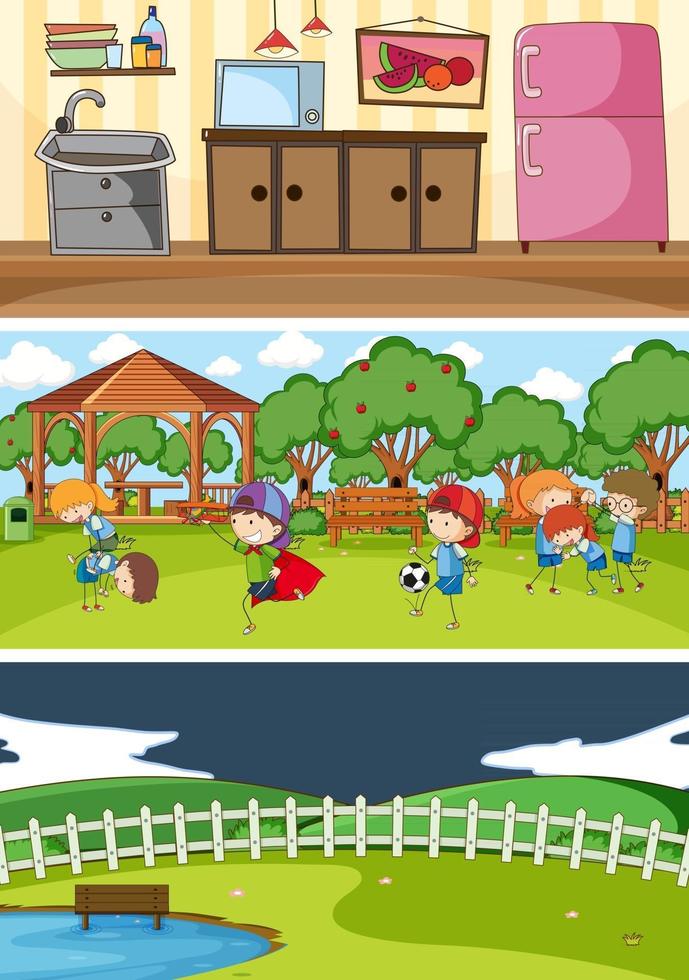 Set of different horizon scenes background with doodle kids cartoon character vector