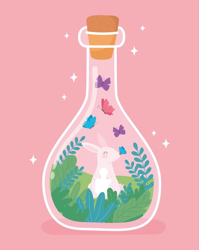 jar terrarium with rabbit butterflies tiny green tree cartoon vector