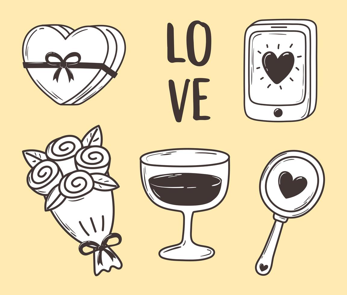 love doodle icon set gift flower mobile mirror decoration vector