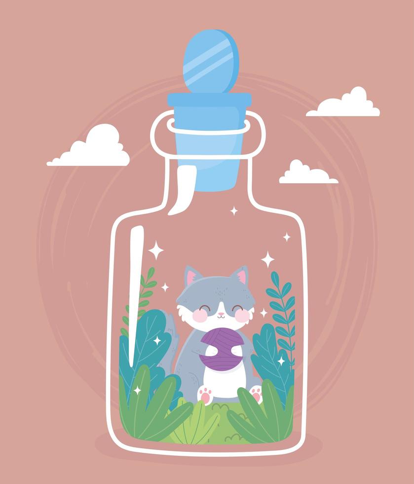 jar terrarium cat playing with ball plants decoration cartoon vector