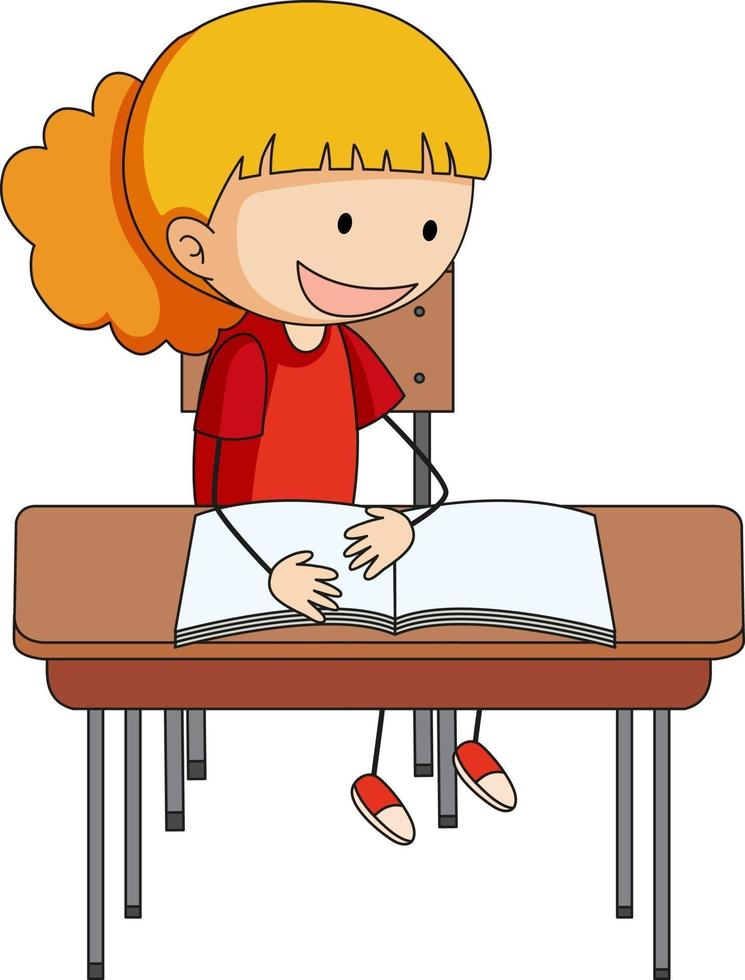 una niña haciendo la tarea, personaje de dibujos animados de doodle vector