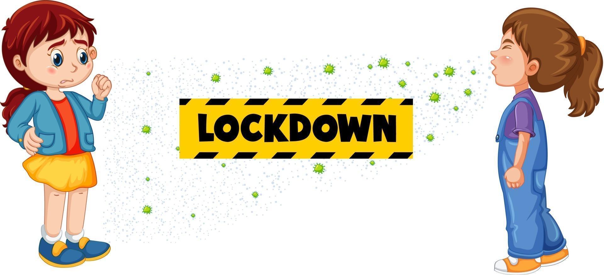 Lockdown font in cartoon style with a girl look at her friend sneezing isolated on white background vector