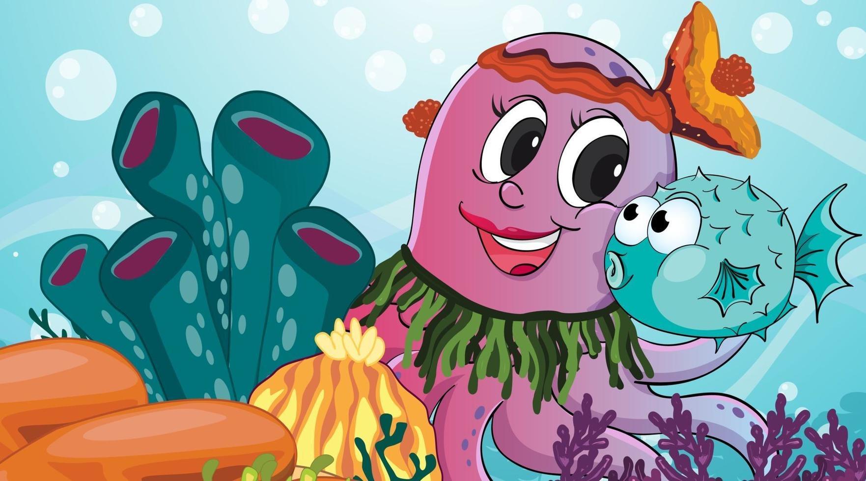 Escena submarina con personaje de dibujos animados de pulpo y arrecife de coral tropical vector