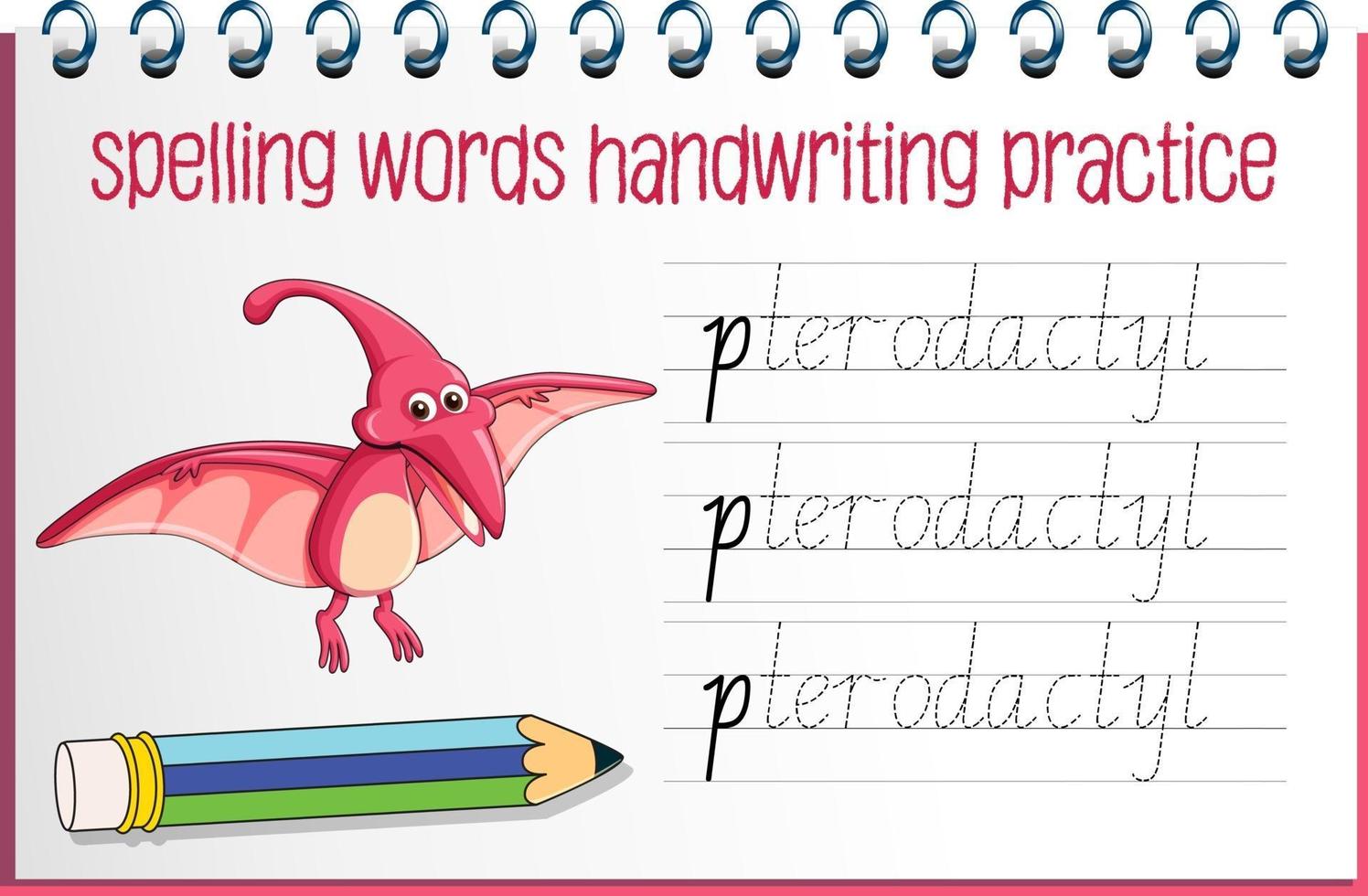 Spelling words dinosaur handwriting practice worksheet vector