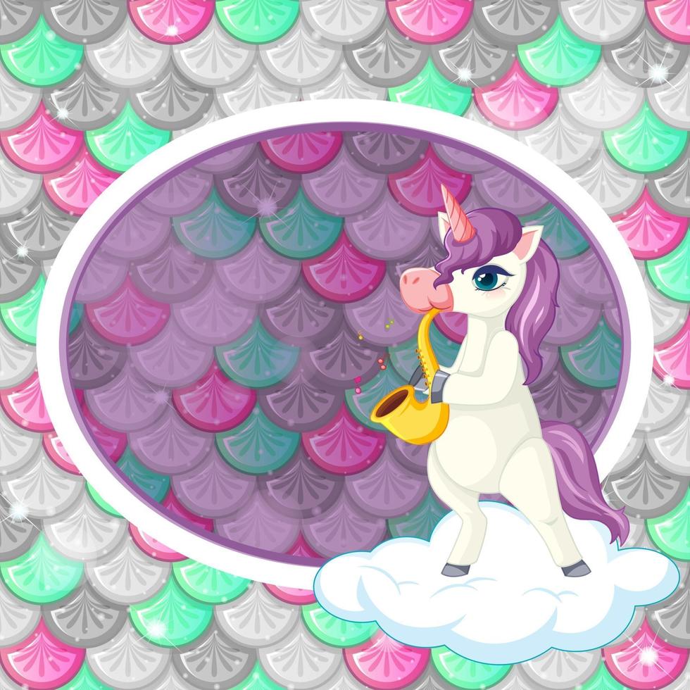 Oval frame template on colourful fish scales background with cute unicorn cartoon character vector
