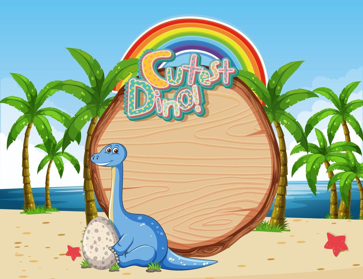 Escena de playa con plantilla de tablero vacío y lindo personaje de dibujos animados de dinosaurio vector