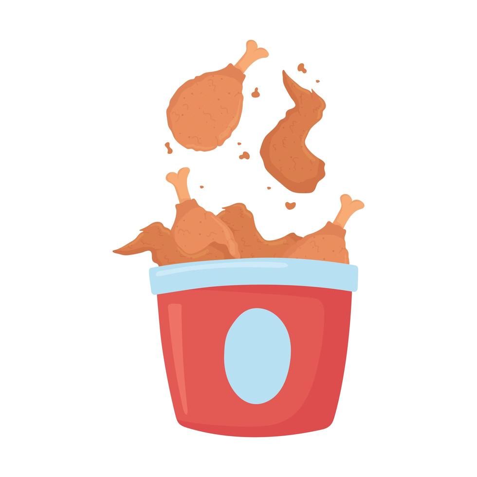 Comida rápida, pollo asado en balde de diseño aislado del icono vector