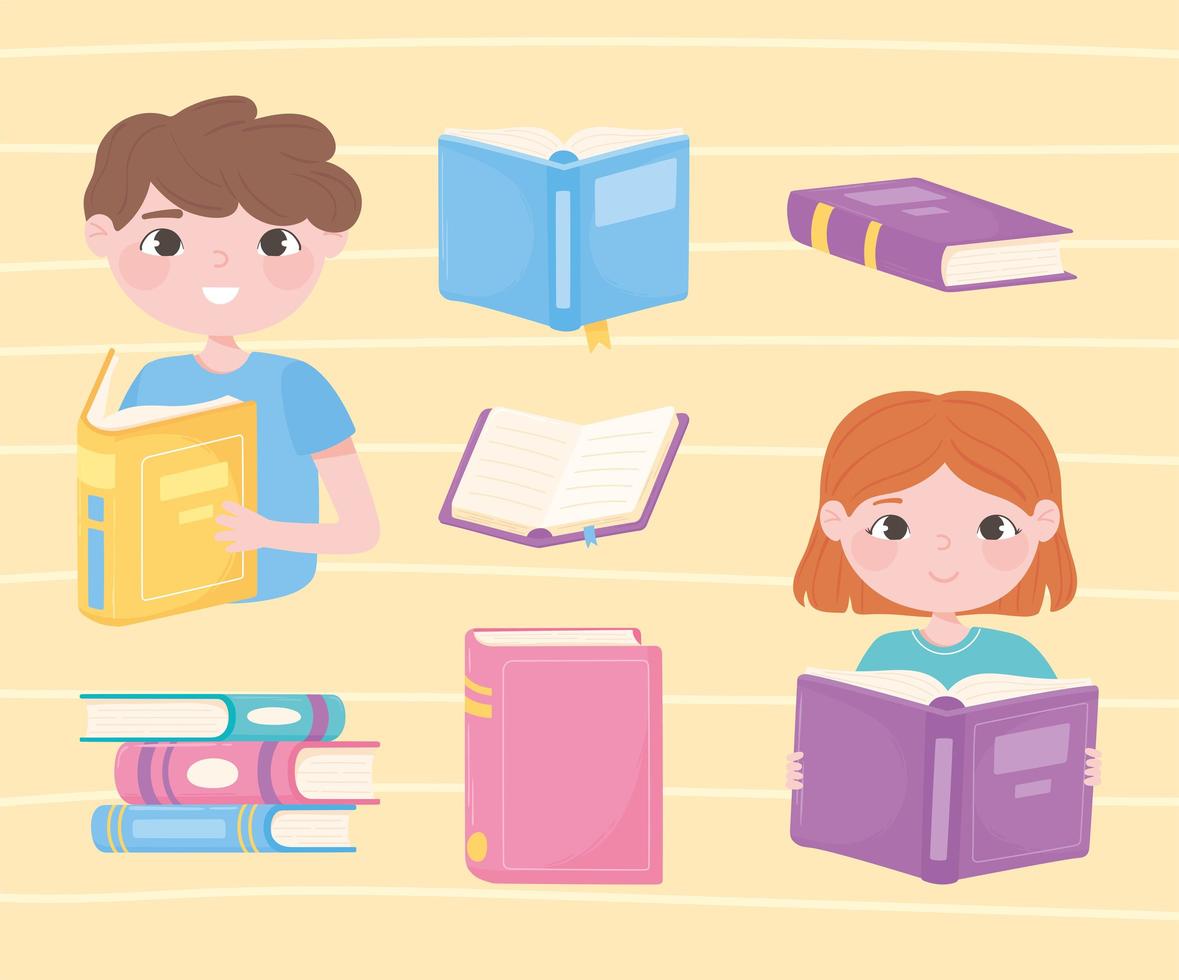 girl and boy reading a books, open textbooks literarute academic and learn vector